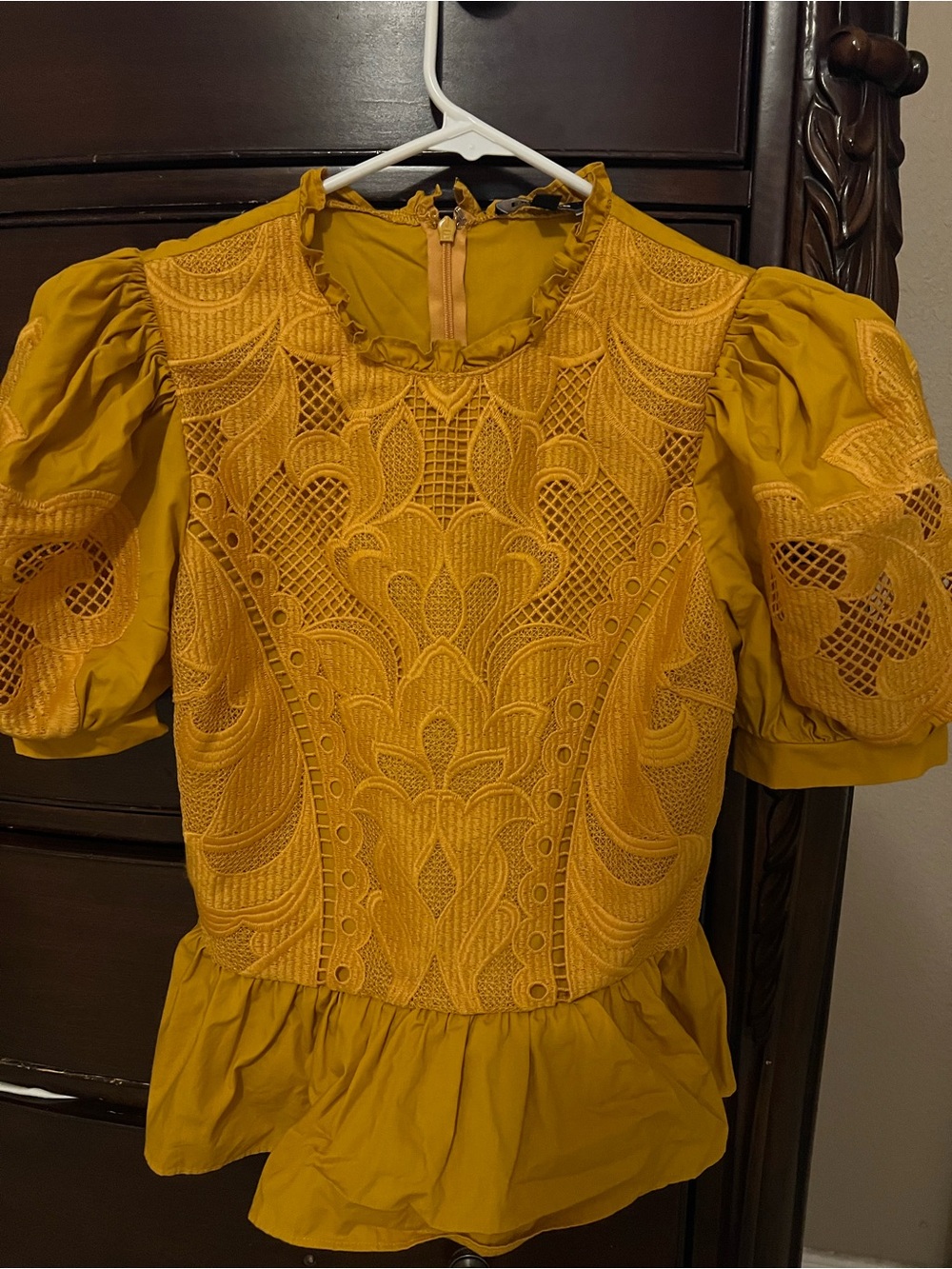 Express Mustard Yellow Lace Puff Sleeve Peplum Blouse